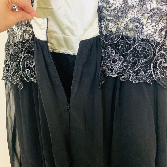 London Times Lace Open Back Tulle Mesh Cocktail Dress Size 14 Black Silver - Picture 9 of 11